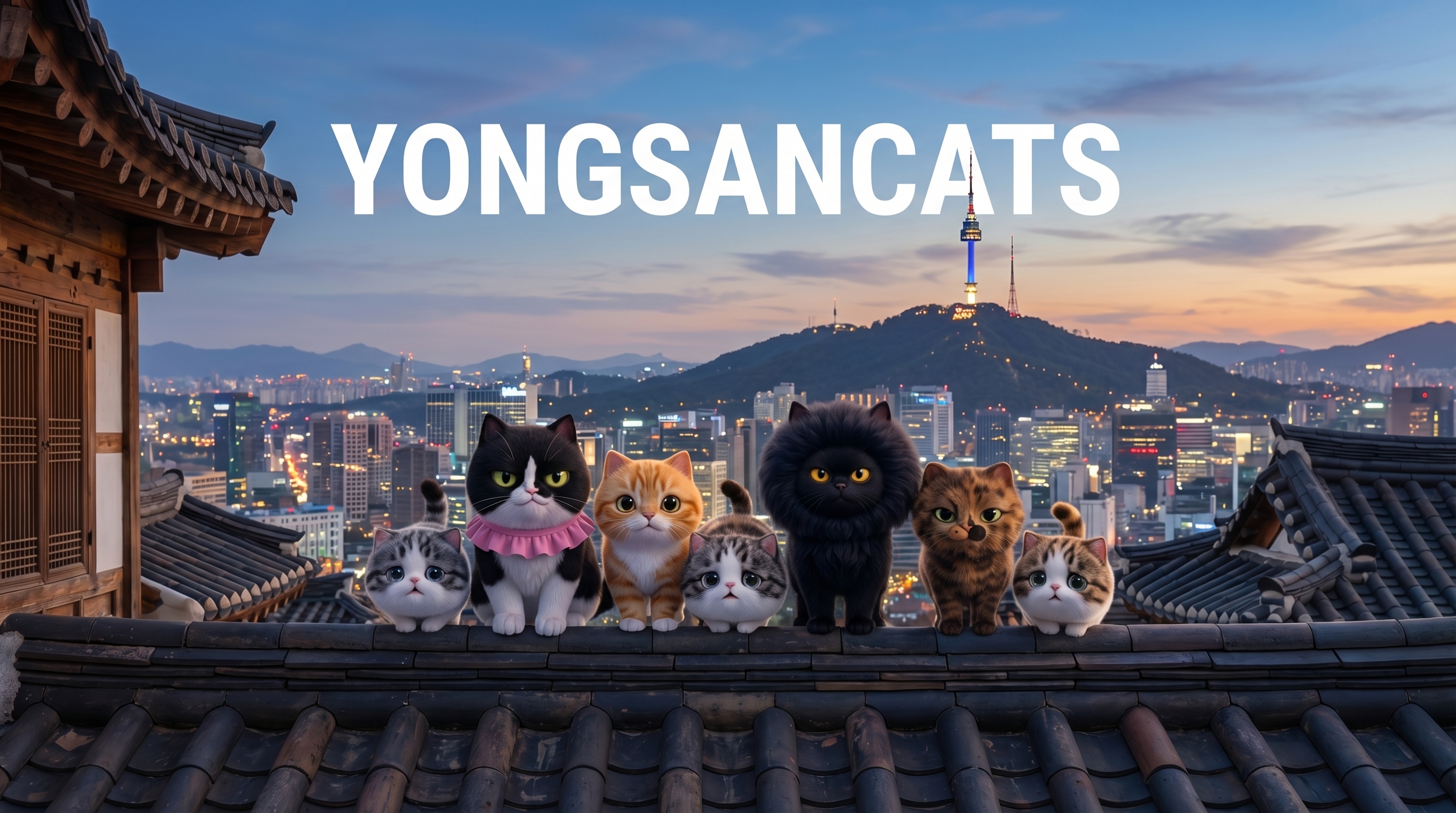 YongsanCats Studio main image over Seoul at dusk